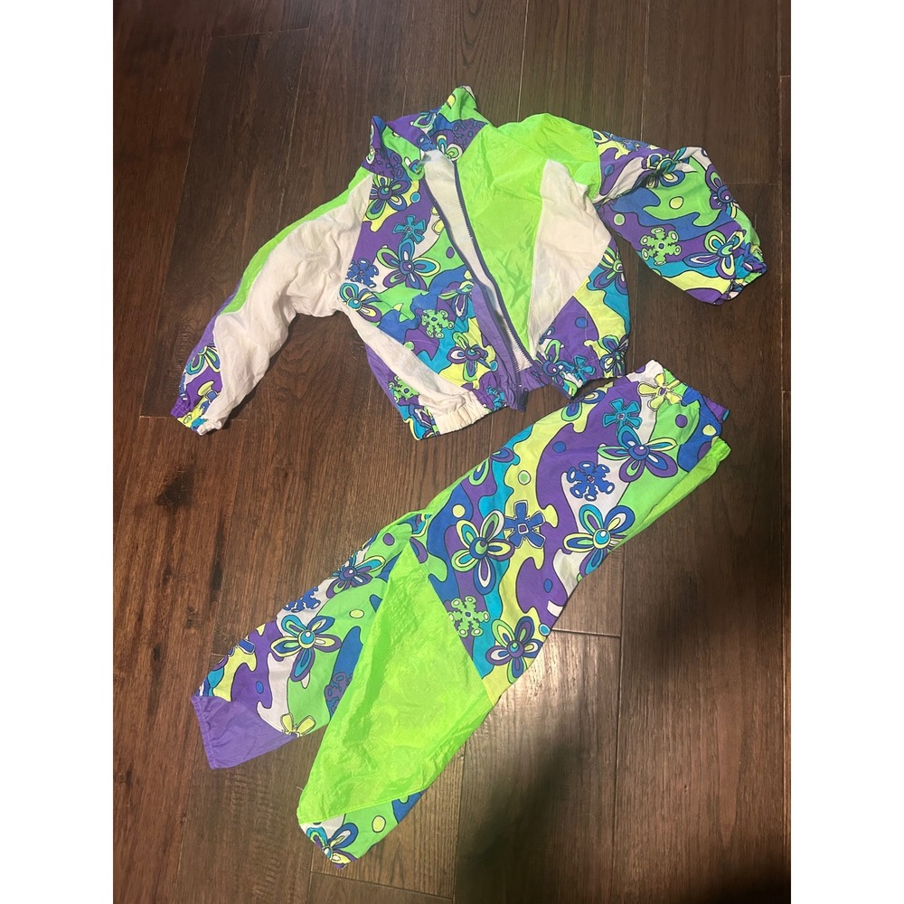 ❤️FINAL❤️VTG 80s Kids Retro Windbreaker Tracksuit Set Bright Neon 7/8
